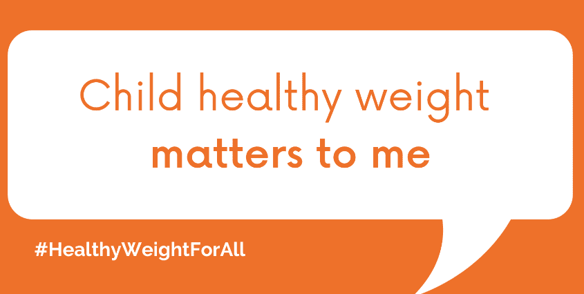 a speech bubble on an orange background reading child healthy weight matters to me
